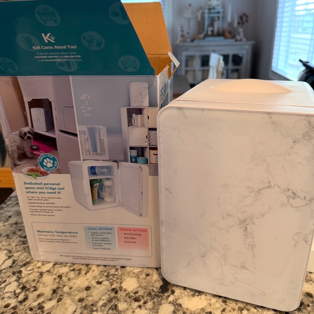 Personal Chiller - White Marble Finish - makeup, drink mini refrigerator